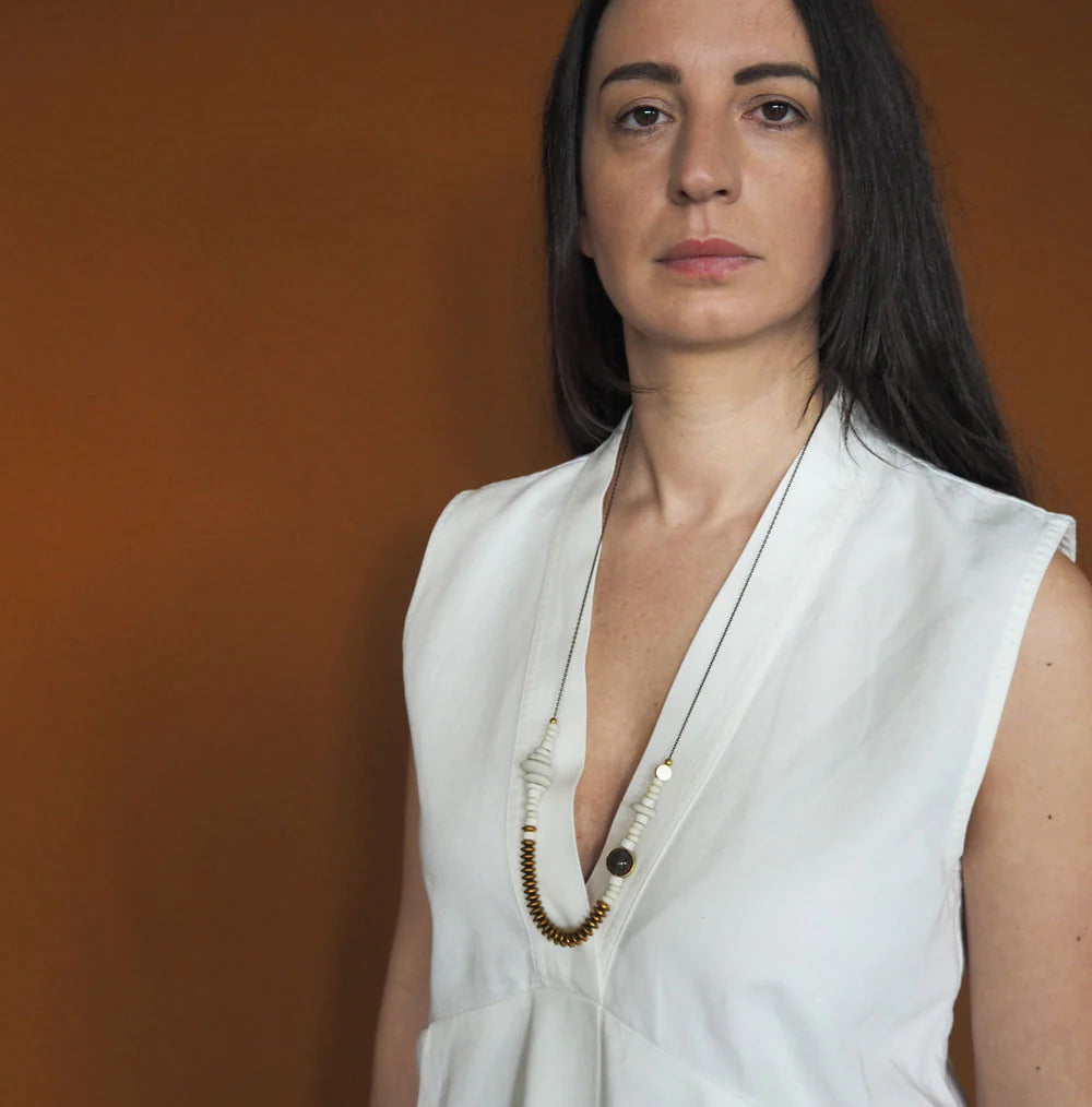 CONSTA/02 consta white recycled glass krobo’s with java and smokey quartz necklace
