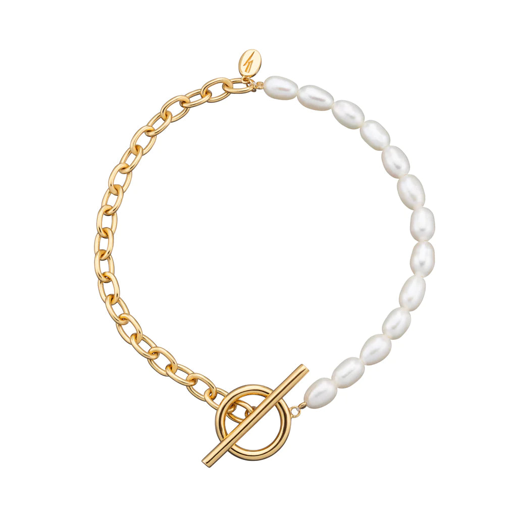 SPG-332 Pearl & Chain T Bar Bracelet - Gold Plated