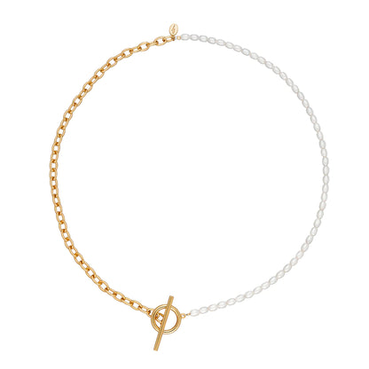 SPG-321 Hannah Martin Pearl & Chain T Bar Necklace - Gold Plated