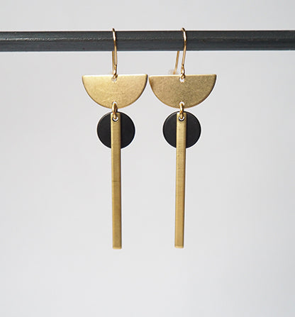 DECO08 Brass crescent, bar and black disc earrings